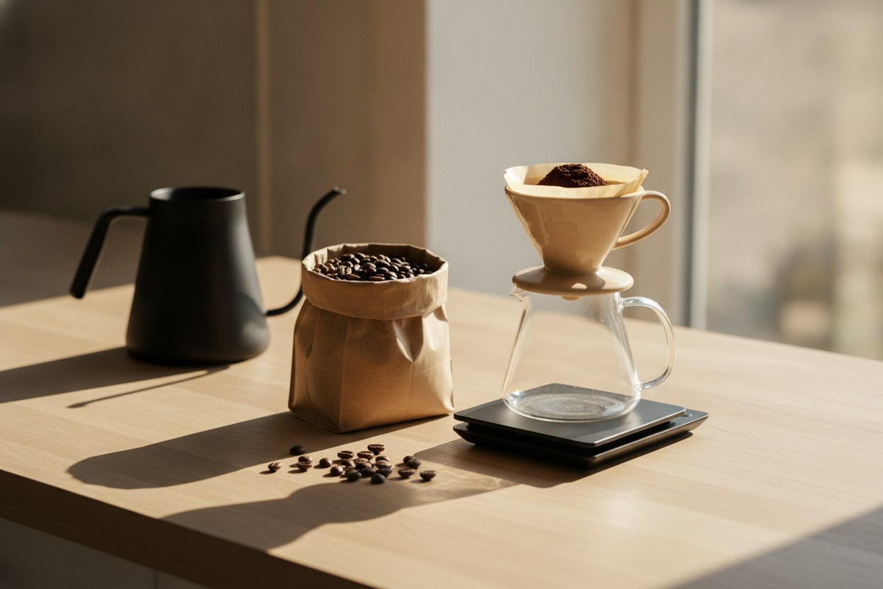 Bolsa de café de especialidad recién molido junto a una V60 y una balanza sobre un mesón de madera clara