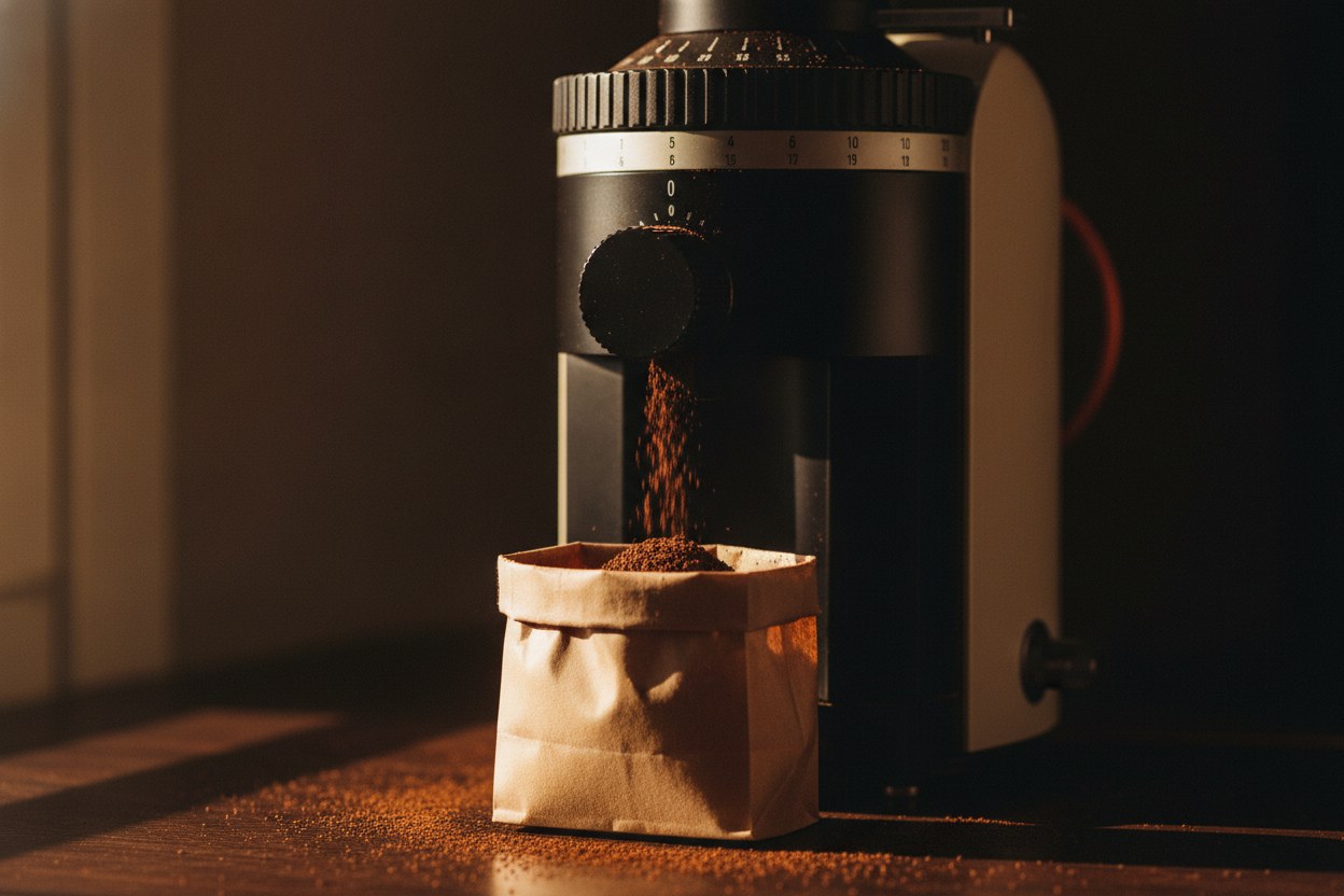 Molino de muelas cónicas con el dial de nivel visible y café molido cayendo sobre una bolsa abierta