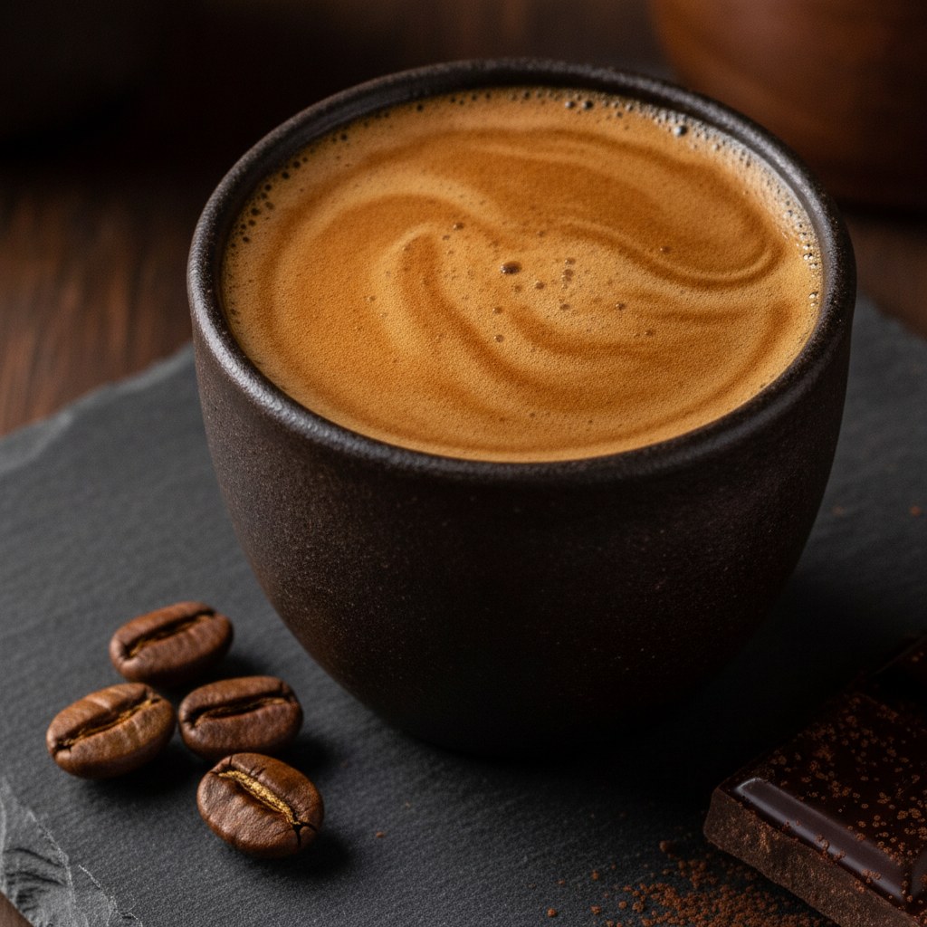 Espresso con crema color caramelo en taza de cerámica oscura junto a granos de café honey