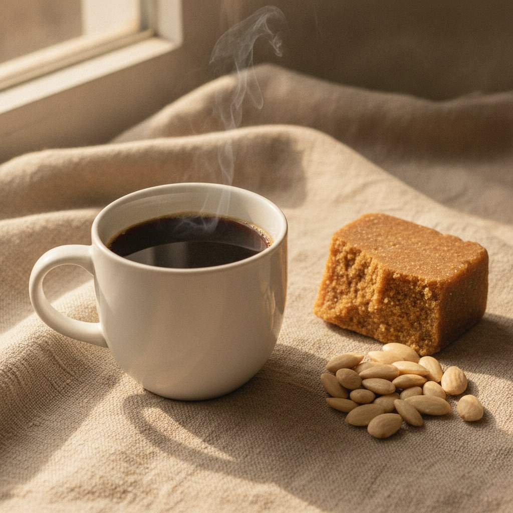 Taza de café filtrado junto a un bloque de panela y almendras sobre lino crudo