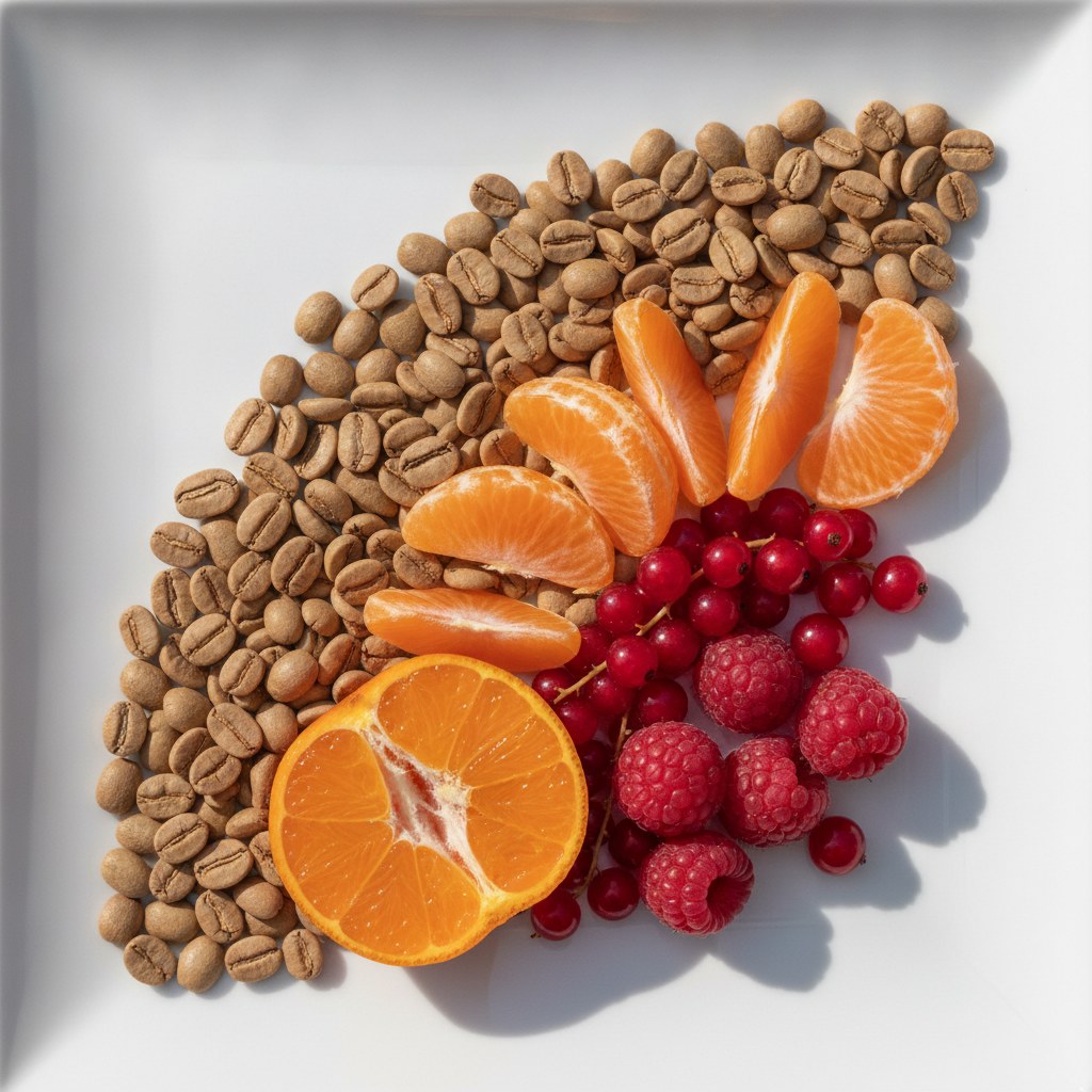 Granos de café tostado claro junto a rodajas de mandarina y frutos rojos sobre porcelana blanca